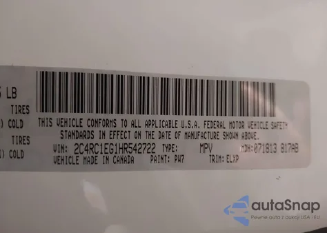 2017 Chrysler Pacifica Touring-L Plus z USA, uszkodzony, nr VIN 2C4RC1EG1HR542722